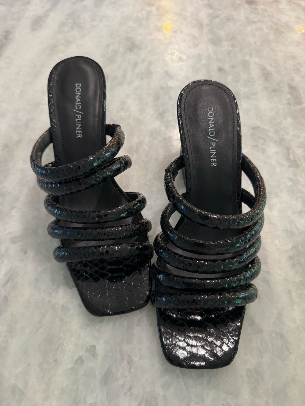 Donald J. Pliner Black Iridescent Multi-Strap Slide Heels